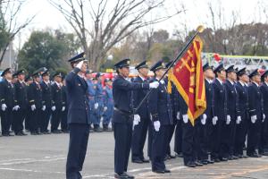 消防出初式　消防職員、消防団員、少年少女消防クラブ員整列