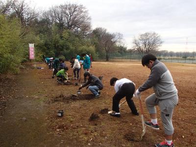 浦和実業学園彩湖総合グラウンド内での植樹の画像